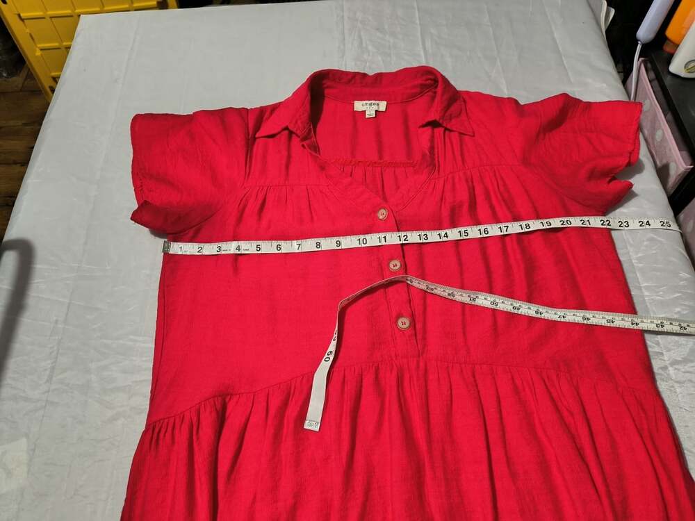 Umgee Red Button Front Tiered Shirt Dress Size Large Bohemian Style Split V Neck - Picture 10 of 13
